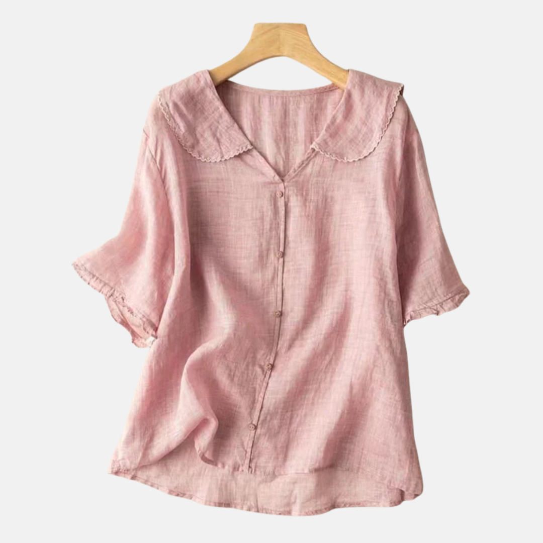 Camicia retrò da donna in cotone e lino con colletto a balconcino