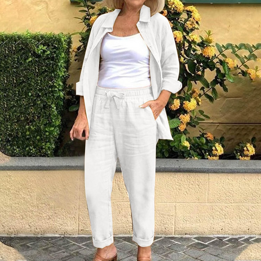 Eleganza casual per tutti i giorni – Completo donna 2 pezzi in cotone e lino Bianco