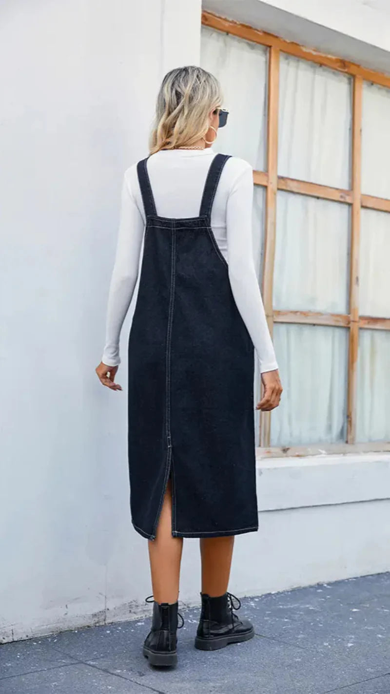 Vestito Pinafore Midi in Denim da Donna