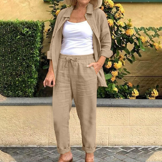 Eleganza casual per tutti i giorni – Completo donna 2 pezzi in cotone e lino Beige