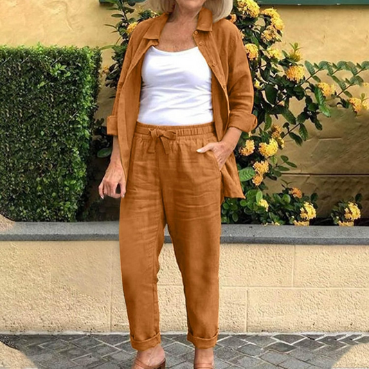 Eleganza casual per tutti i giorni – Completo donna 2 pezzi in cotone e lino Marrone