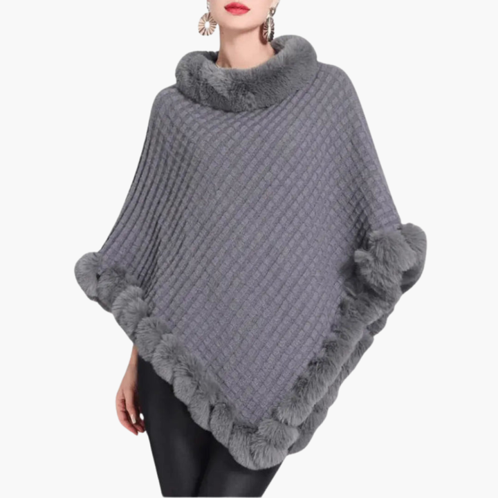Poncho in Maglia da Donna con Finta Pelliccia e Fit Oversize