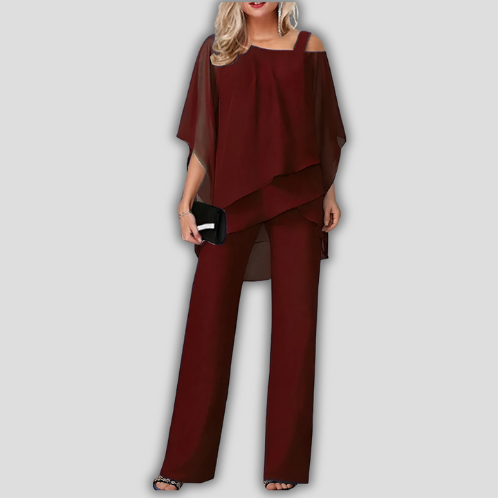 Elegante tailleur pantalone in chiffon a due pezzi con top a mantella a strati