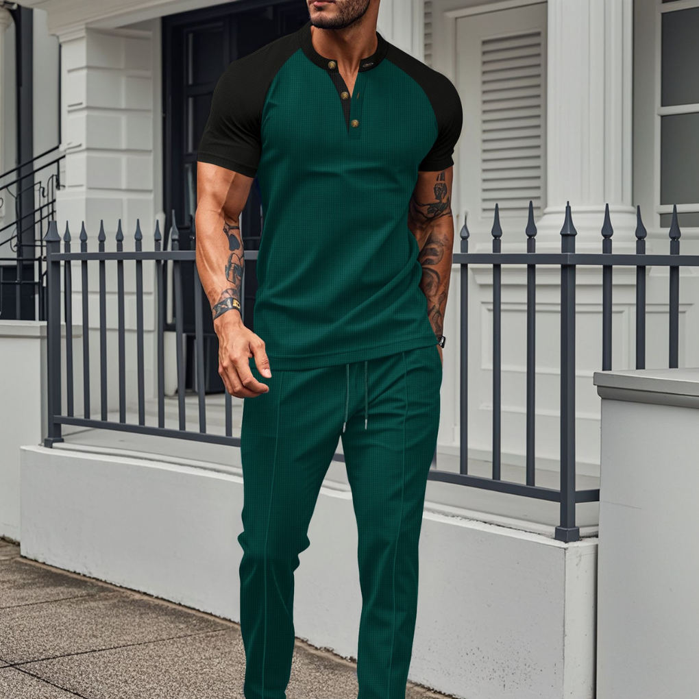 Set da lounge con camicia a bottoni da uomo e pantaloni lunghi a waffle