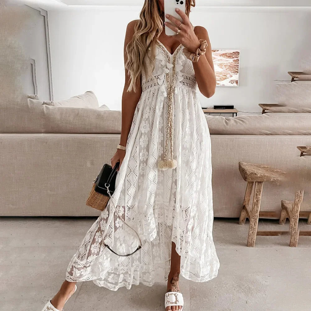 BreezeCharm – Abito boho in pizzo con lacci e nappine