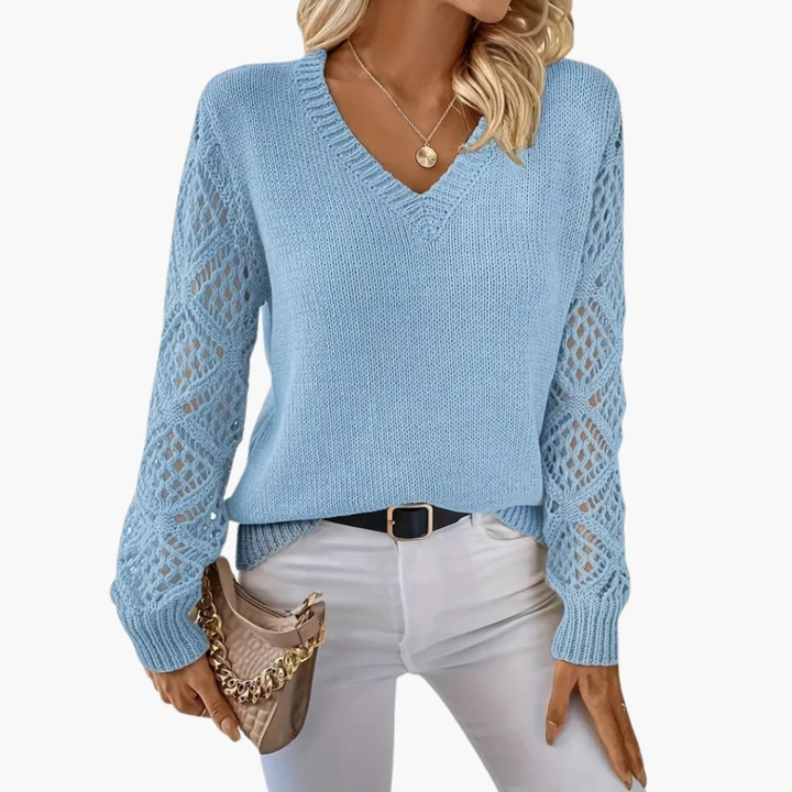 Maglione Femminile in Maglia Fine con Scollo a V e Mani Lunghe