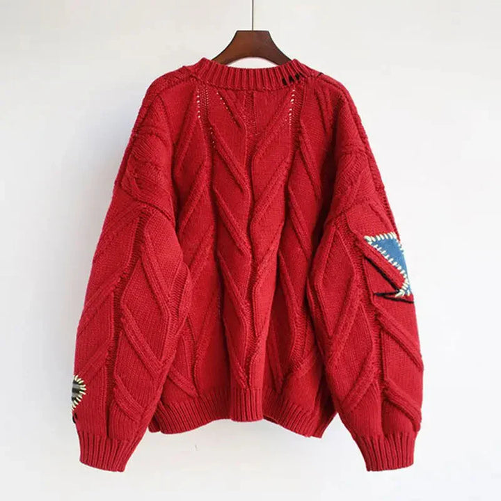 Cardigan da donna in maglia con scollo a V e ricami patchwork