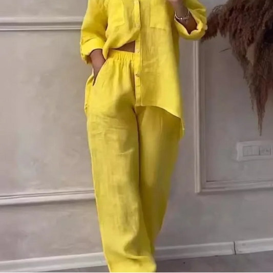 Completo Casual Elegante – Camicia e Pantaloni in Cotone e Lino da Donna Giallo