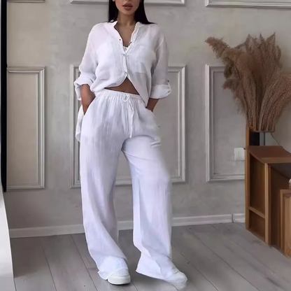 Completo Casual Elegante – Camicia e Pantaloni in Cotone e Lino da Donna