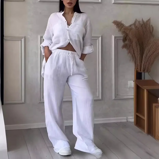 Completo Casual Elegante – Camicia e Pantaloni in Cotone e Lino da Donna Bianco