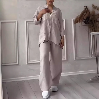 Completo Casual Elegante – Camicia e Pantaloni in Cotone e Lino da Donna