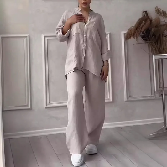 Completo Casual Elegante – Camicia e Pantaloni in Cotone e Lino da Donna