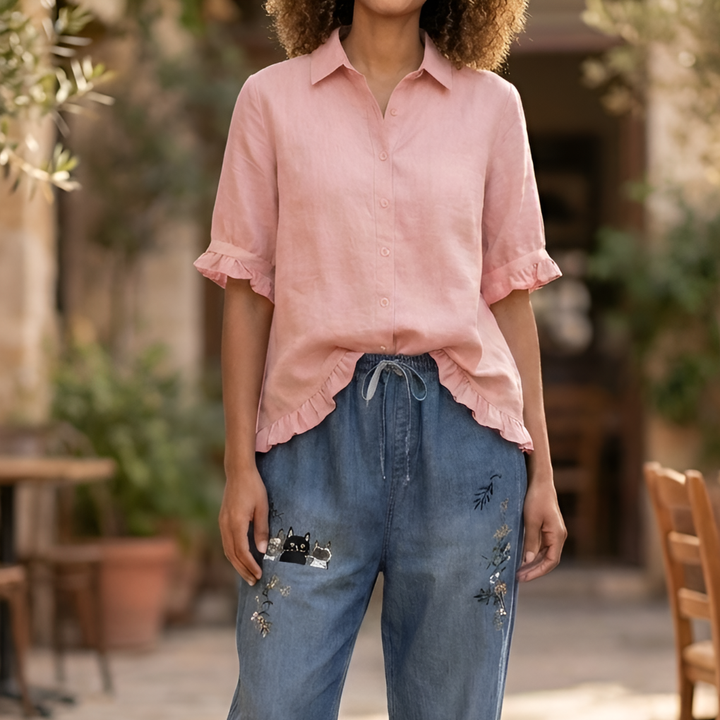 Blusa di Cotone con Bottoni e Orlo Arricciato