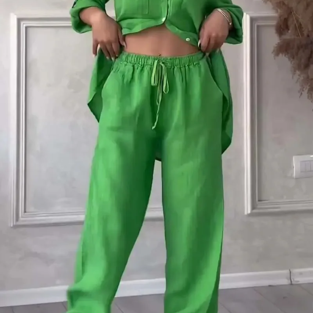 Completo Casual Elegante – Camicia e Pantaloni in Cotone e Lino da Donna Verde