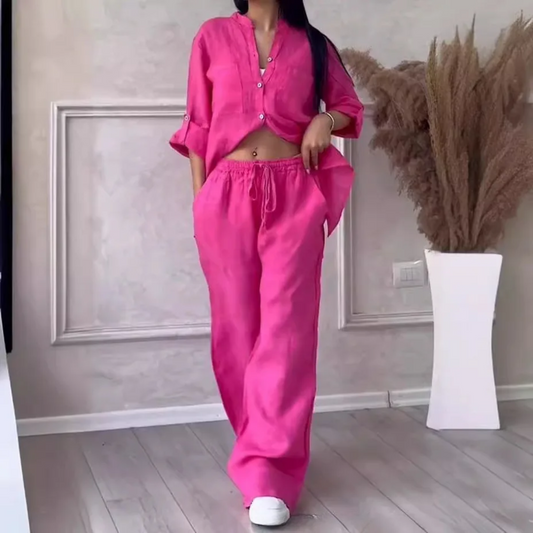 Completo Casual Elegante – Camicia e Pantaloni in Cotone e Lino da Donna Rosa rossa