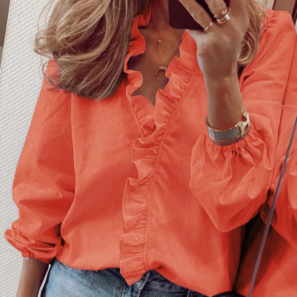 Blusa Teal con Ruffle e Mani a Puff