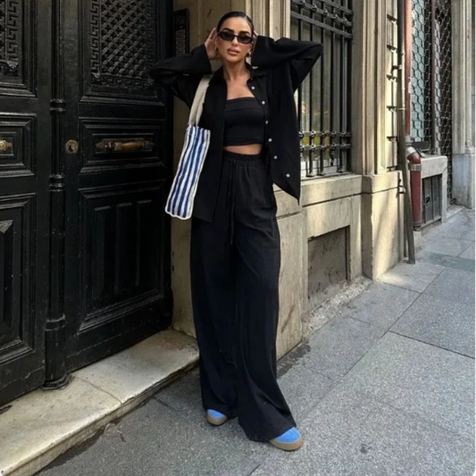 Completo Casual Elegante – Camicia e Pantaloni in Cotone e Lino da Donna Nero