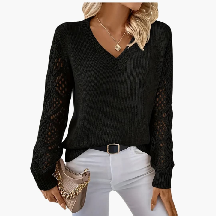 Maglione Femminile in Maglia Fine con Scollo a V e Mani Lunghe