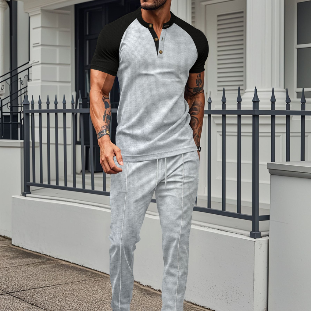 Set da lounge con camicia a bottoni da uomo e pantaloni lunghi a waffle