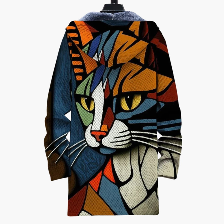 Cardigan Zip con Cappuccio Unisex con Design Stampa Gatto