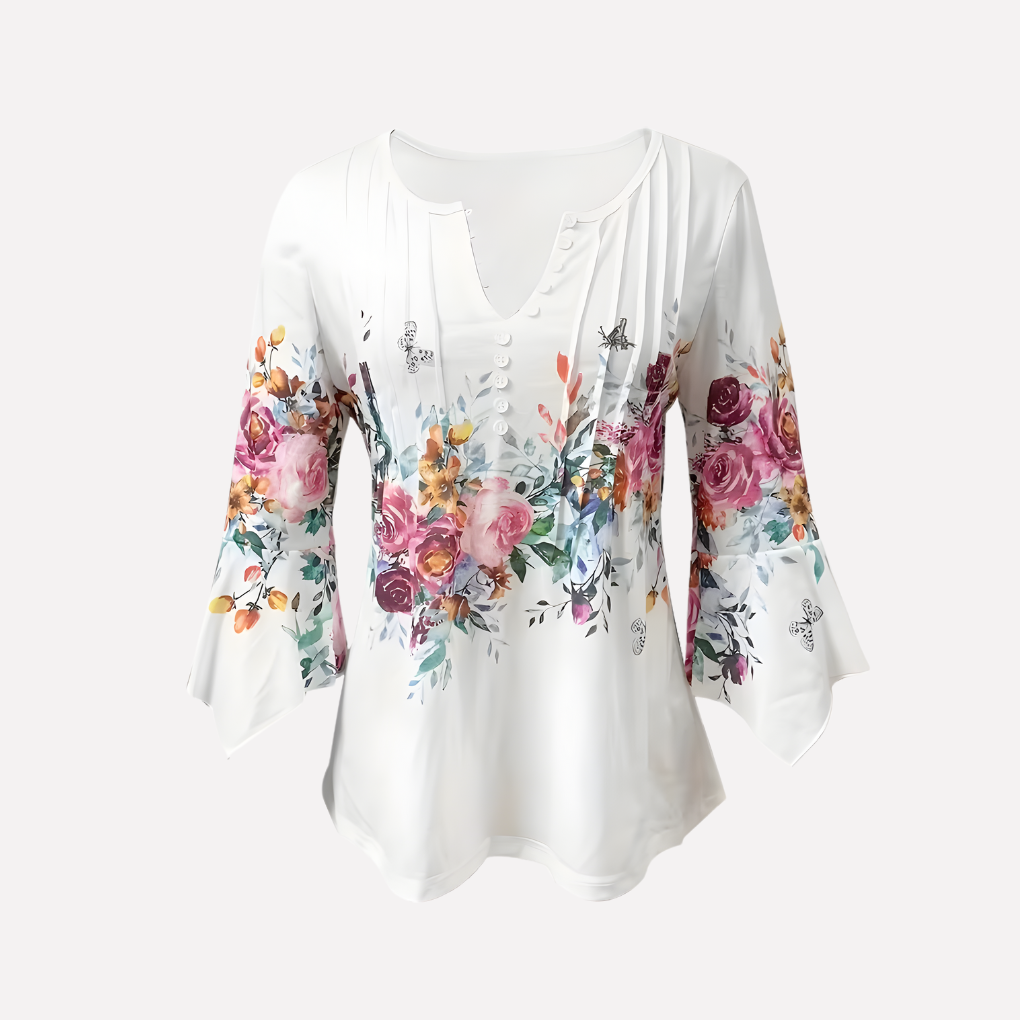 Blusa floreale con scollo a V e bottoni da donna