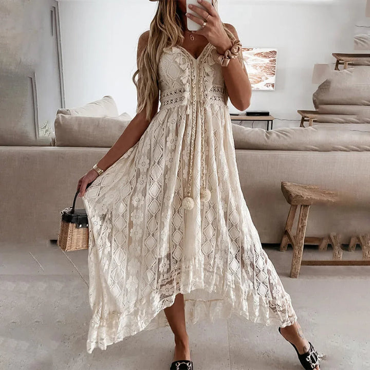 BreezeCharm – Abito boho in pizzo con lacci e nappine