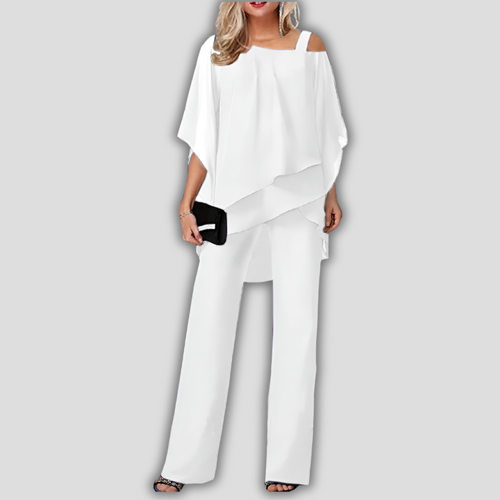 Elegante tailleur pantalone in chiffon a due pezzi con top a mantella a strati