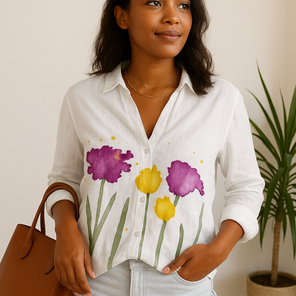 Blusa a fiori con scollo a V e maniche lunghe da donna