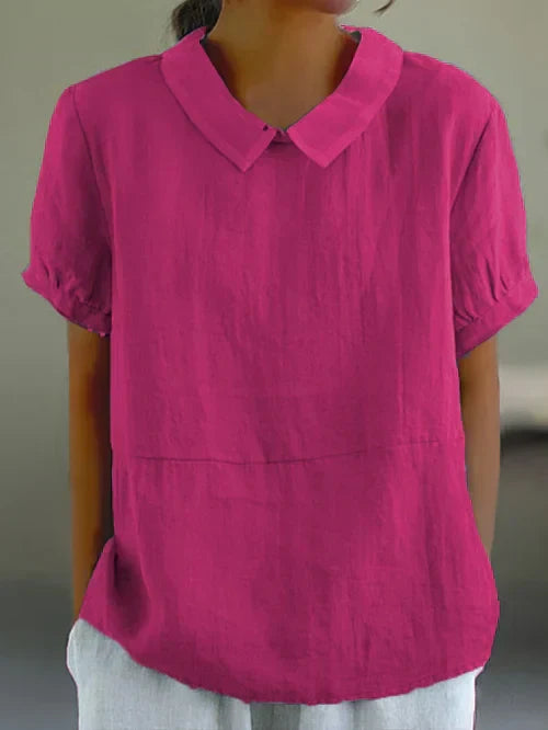 Top in misto cotone e lino tinta unita da donna