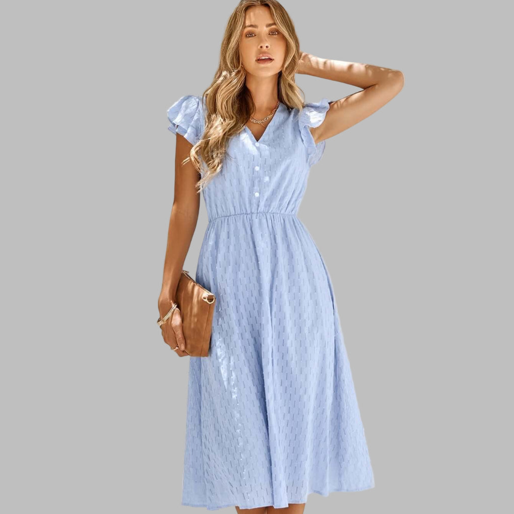Abito Midi Fluido con Scollatura a V e Rouches da Donna