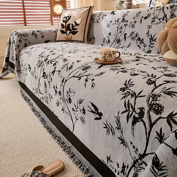 Coperta Elegante con Motivo Floreale e Bordo Frangiato