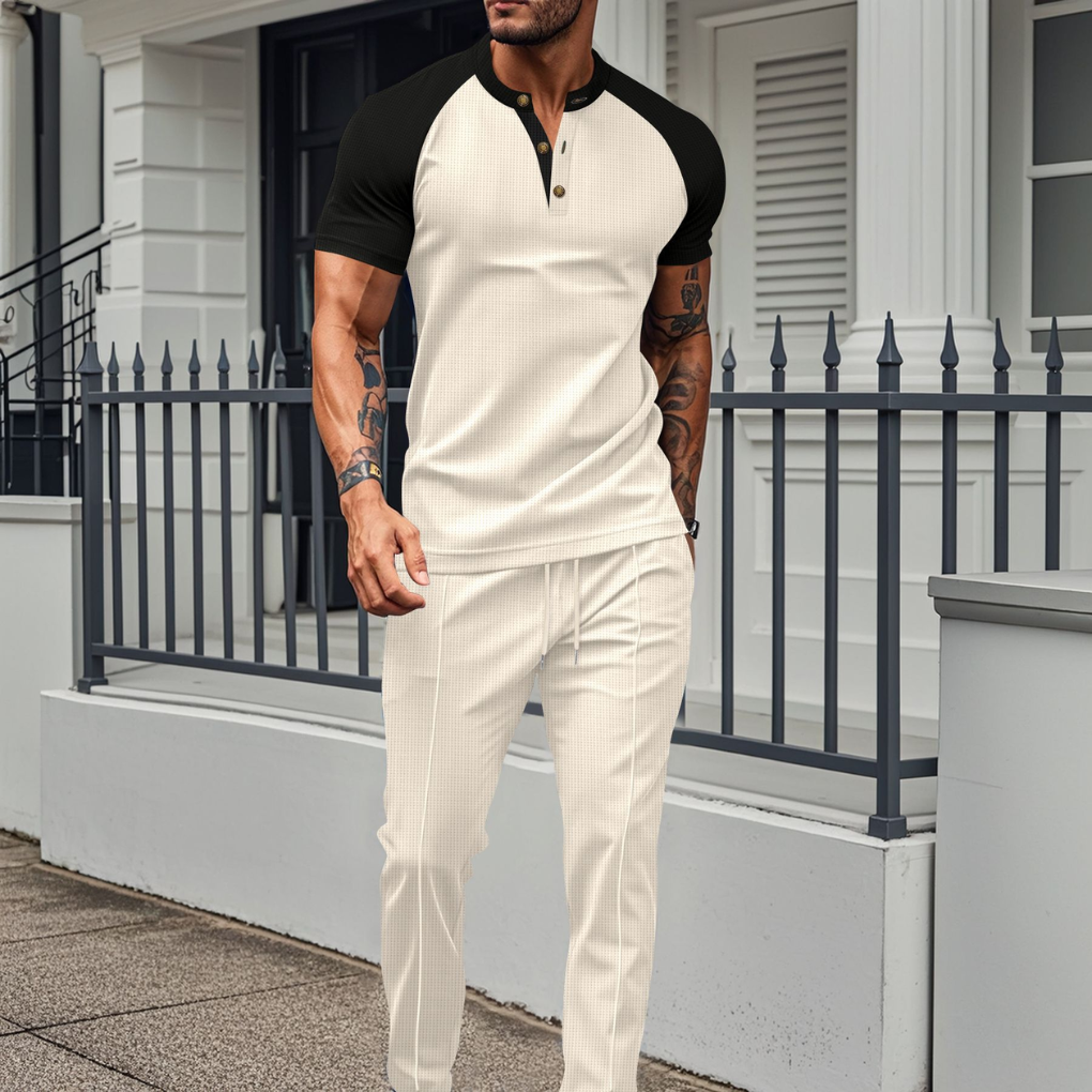 Set da lounge con camicia a bottoni da uomo e pantaloni lunghi a waffle