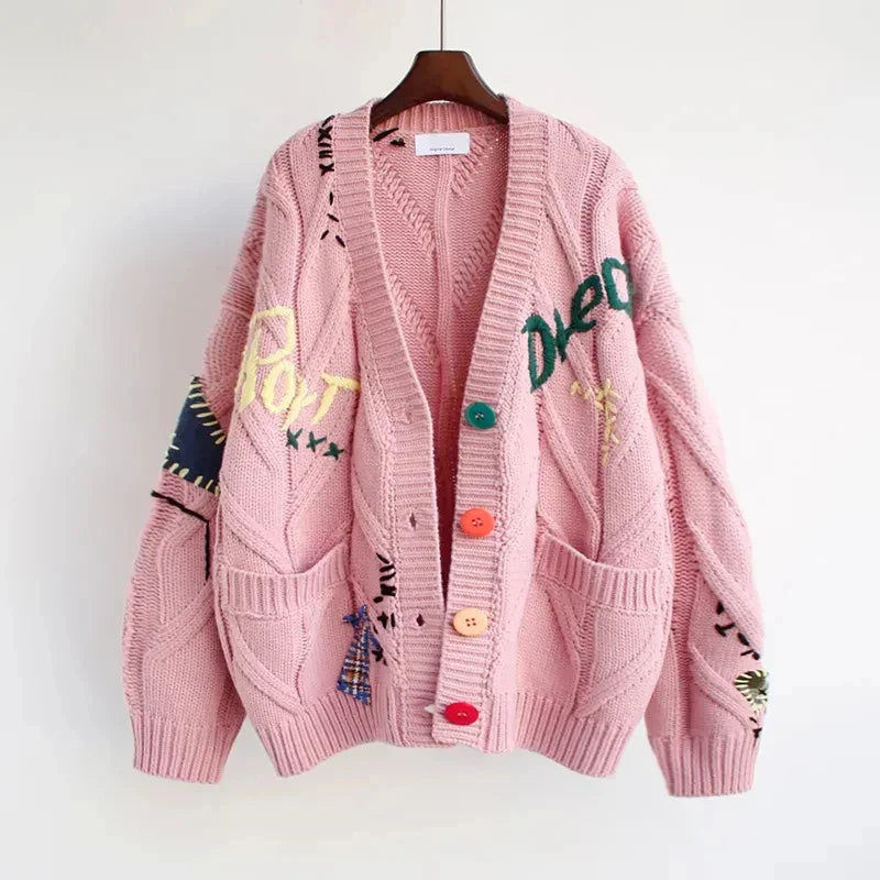 Cardigan da donna in maglia con scollo a V e ricami patchwork