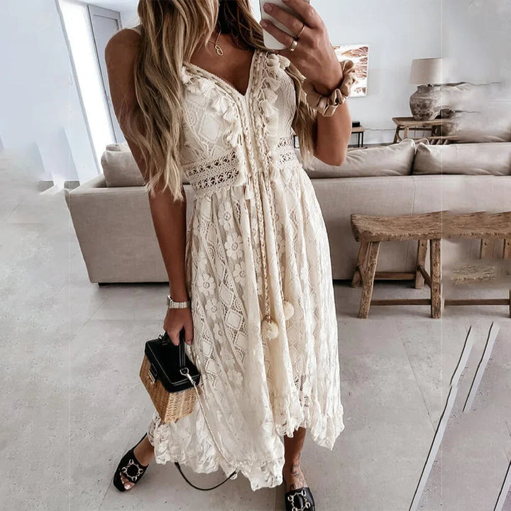 BreezeCharm – Abito boho in pizzo con lacci e nappine