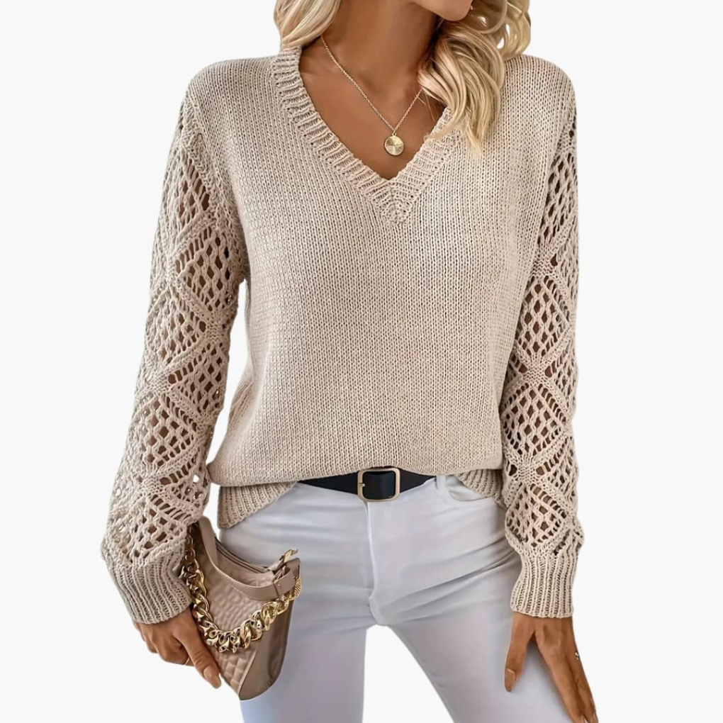 Maglione Femminile in Maglia Fine con Scollo a V e Mani Lunghe