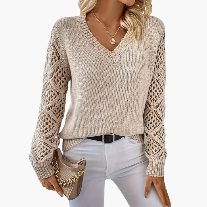 Maglione Femminile in Maglia Fine con Scollo a V e Mani Lunghe