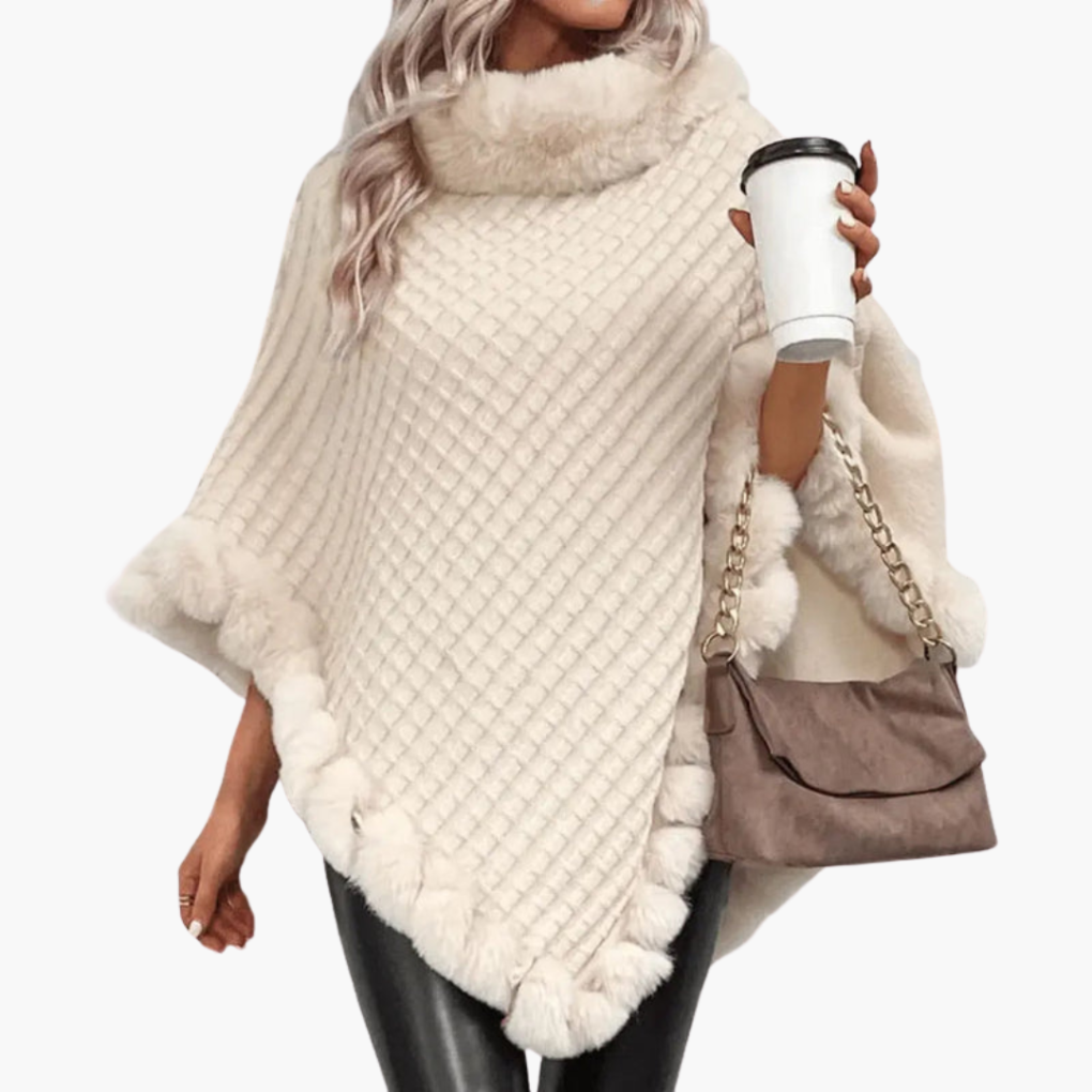 Poncho in Maglia da Donna con Finta Pelliccia e Fit Oversize