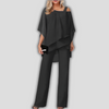 Elegante tailleur pantalone in chiffon a due pezzi con top a mantella a strati