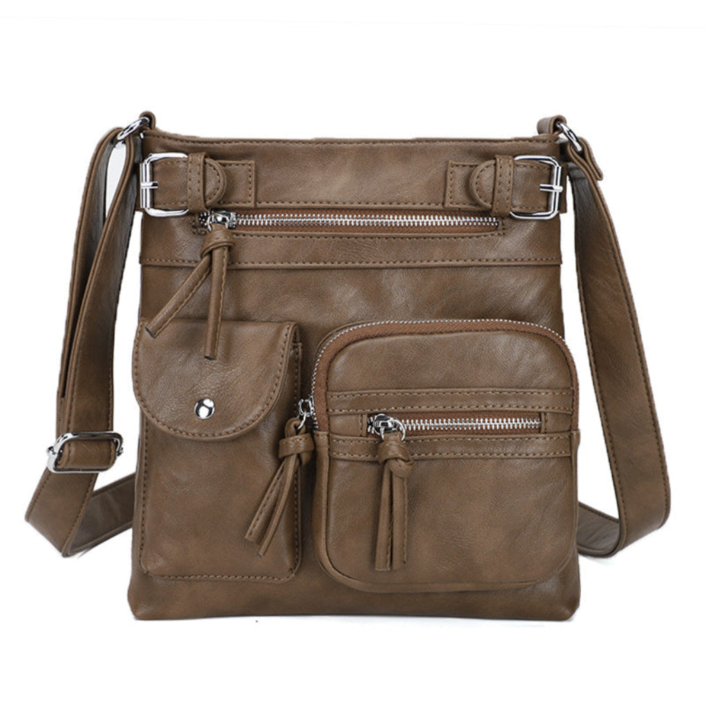 Borsa a spalla in pelle multitasche da donna