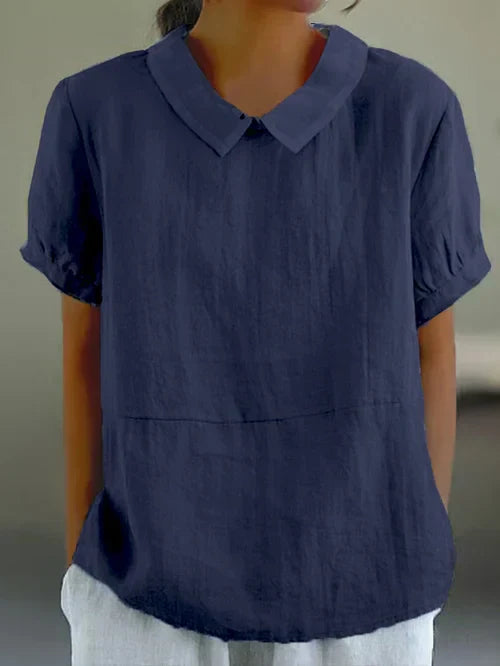 Top in misto cotone e lino tinta unita da donna