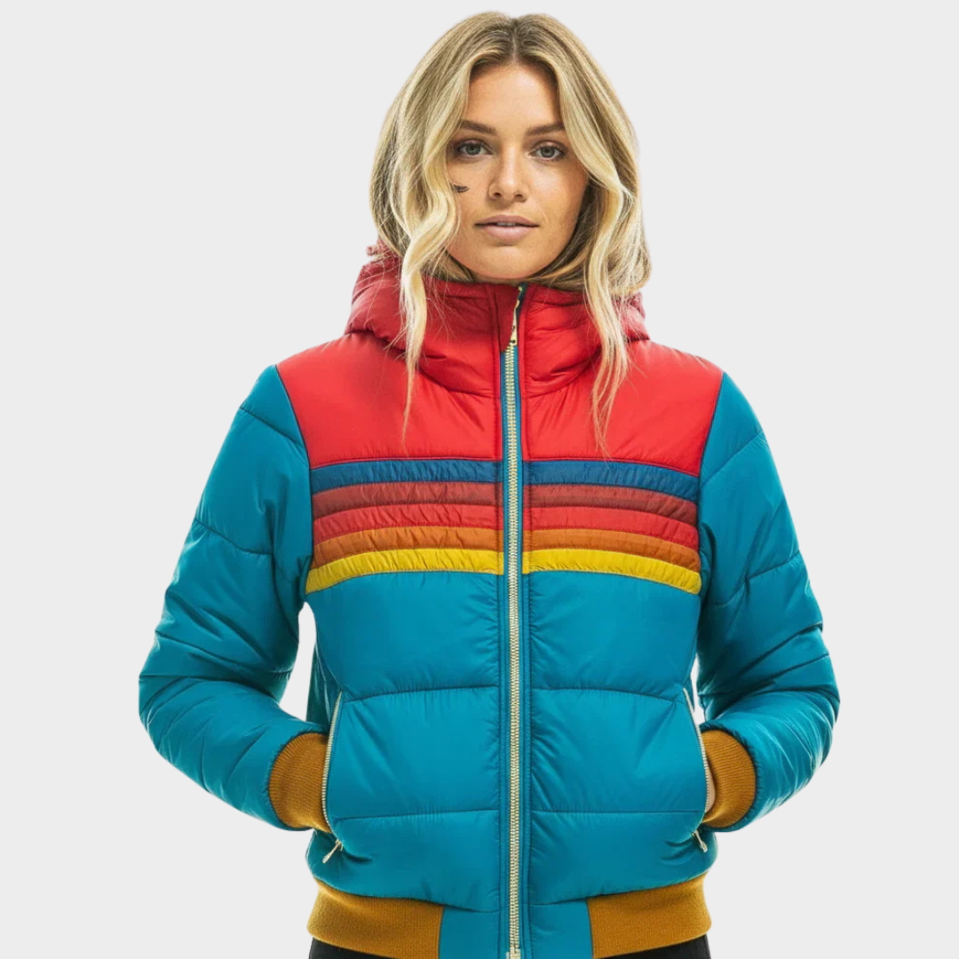 Giacca imbottita retrò multicolore con cappuccio da donna