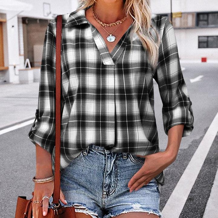 Blusa a V Collo Lunga a Maniche a Quadri per Donne