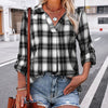 Blusa a V Collo Lunga a Maniche a Quadri per Donne