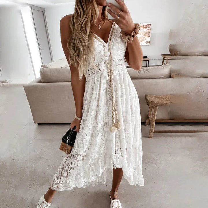 BreezeCharm – Abito boho in pizzo con lacci e nappine