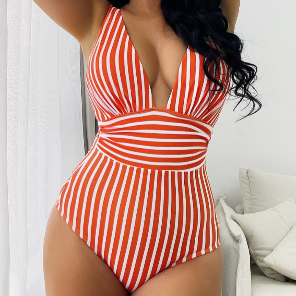 Costume intero a righe con allacciatura al collo da donna