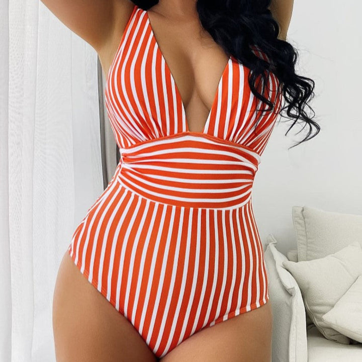 Costume intero a righe con allacciatura al collo da donna