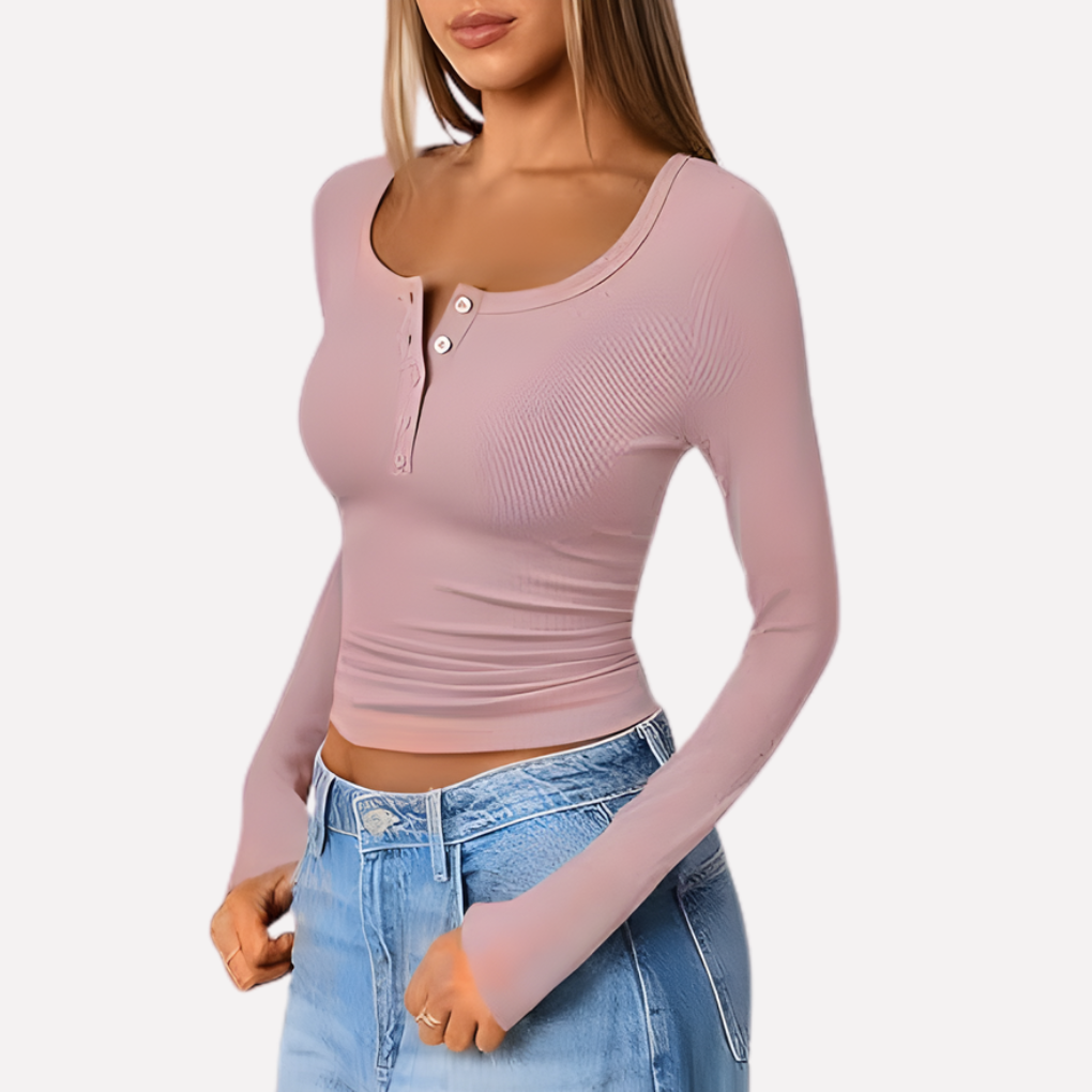 Maglia a costine con scollo serafino e maniche lunghe da donna