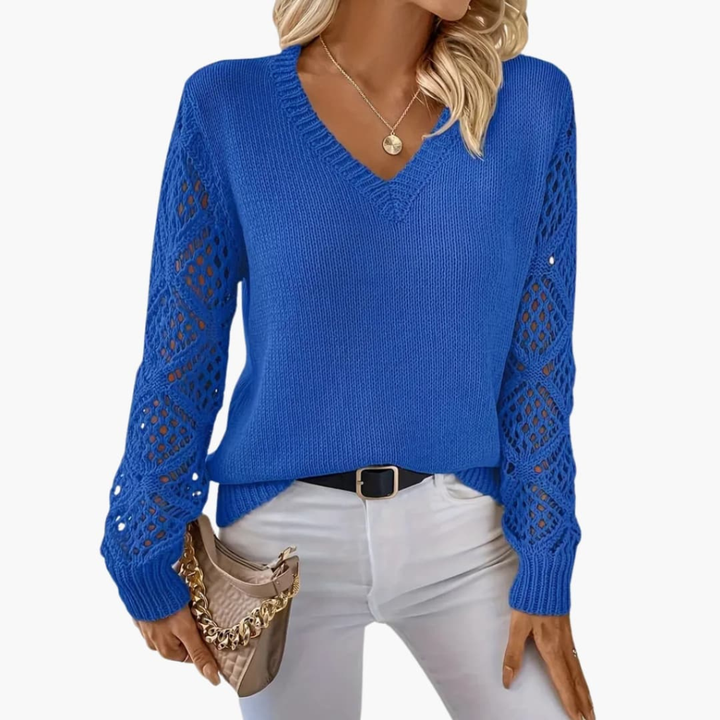 Maglione Femminile in Maglia Fine con Scollo a V e Mani Lunghe