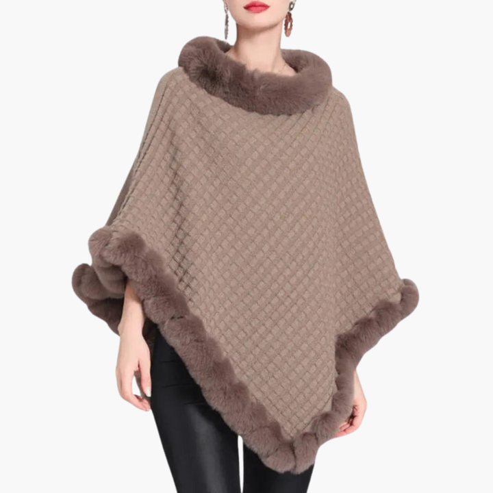 Poncho in Maglia da Donna con Finta Pelliccia e Fit Oversize