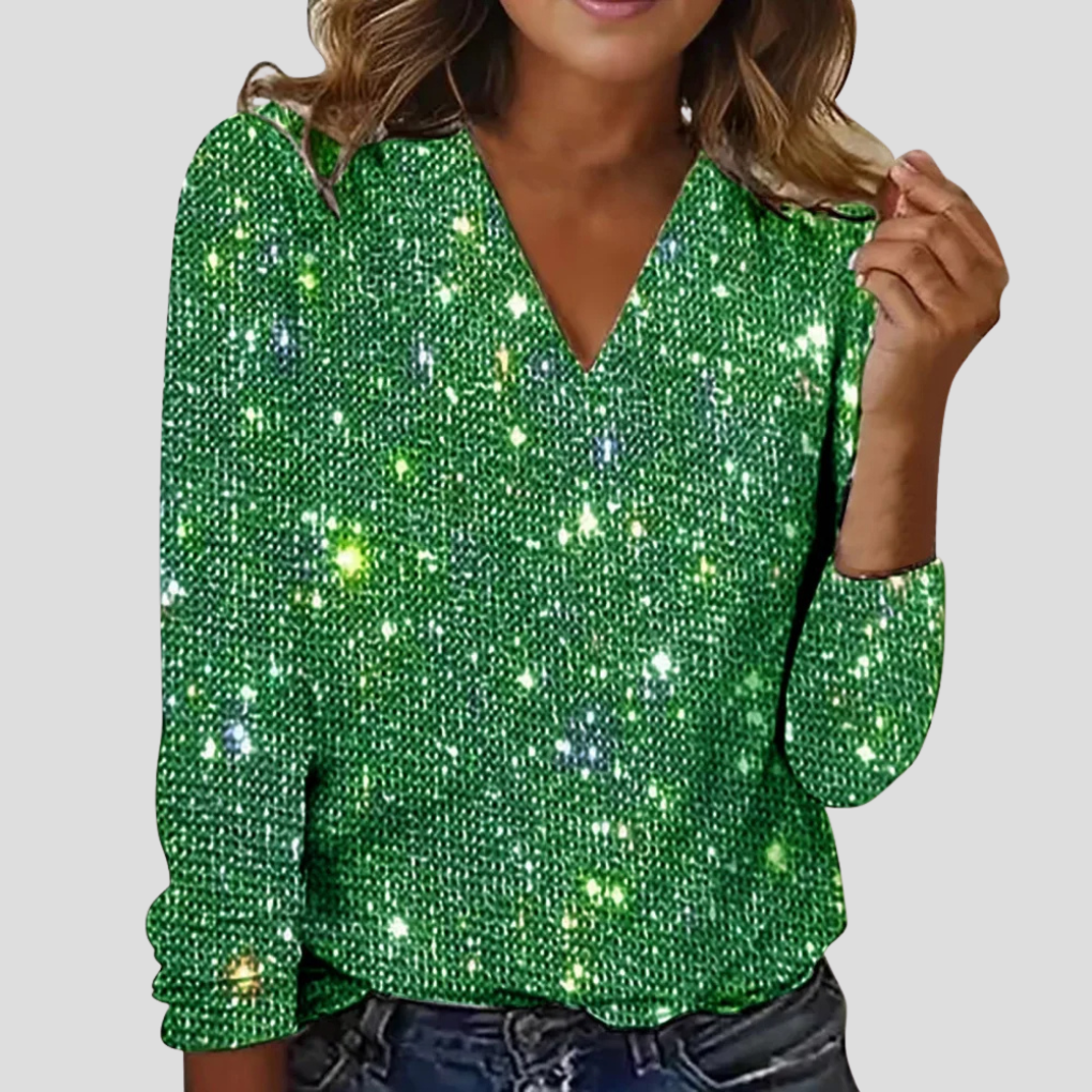 Elegante camicetta con scollo a V e maniche lunghe, decorata con paillettes